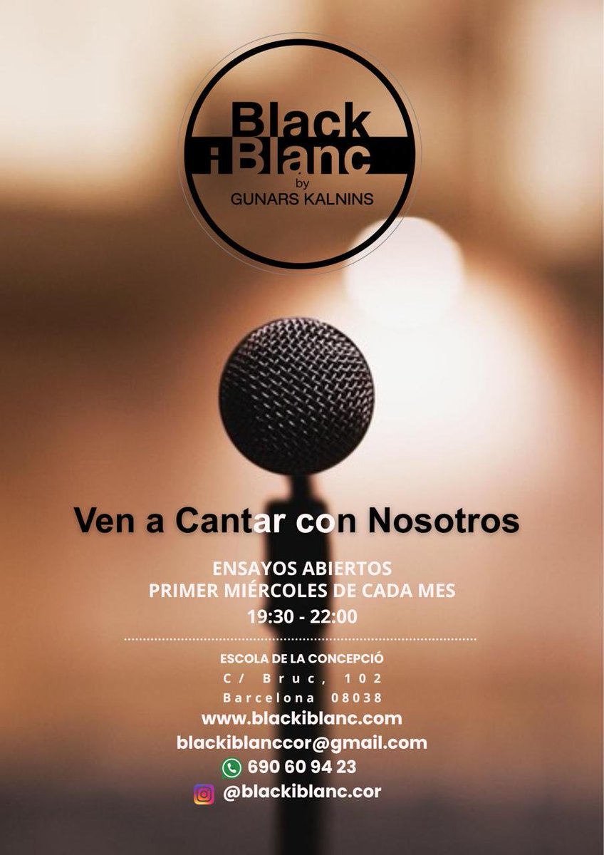 Ven, conócenos, y únete a nosotros!!! 
Te esperamos!!

Escríbenos un WhatsApp 690609423 o un email blackiblanccor@gmail.com para venir a nuestro Ensayo Abierto del próximo miércoles 3 de Diciembre.

#audiciones #ensayosabiertos #cantar #gospel #pop #musica #cantaires #Barcelona