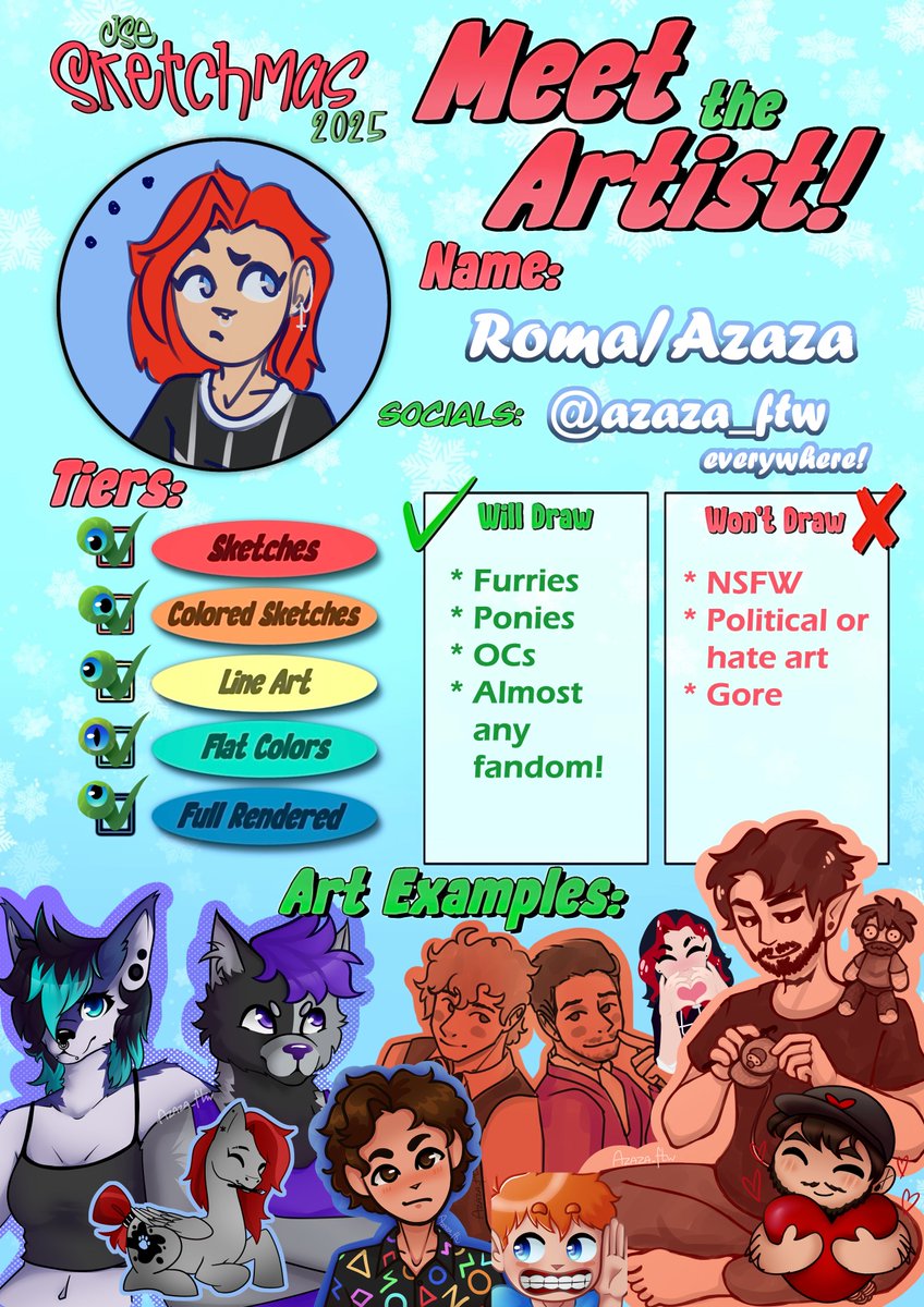 azaza_ftw's tweet photo. Sketchmas is back this year, despite Thankmas taking a year off!

Check out my Meet the Artist sheet, ready your wallets and references, and keep an eye out for more details ;) https://t.co/KCB5g5rzpp