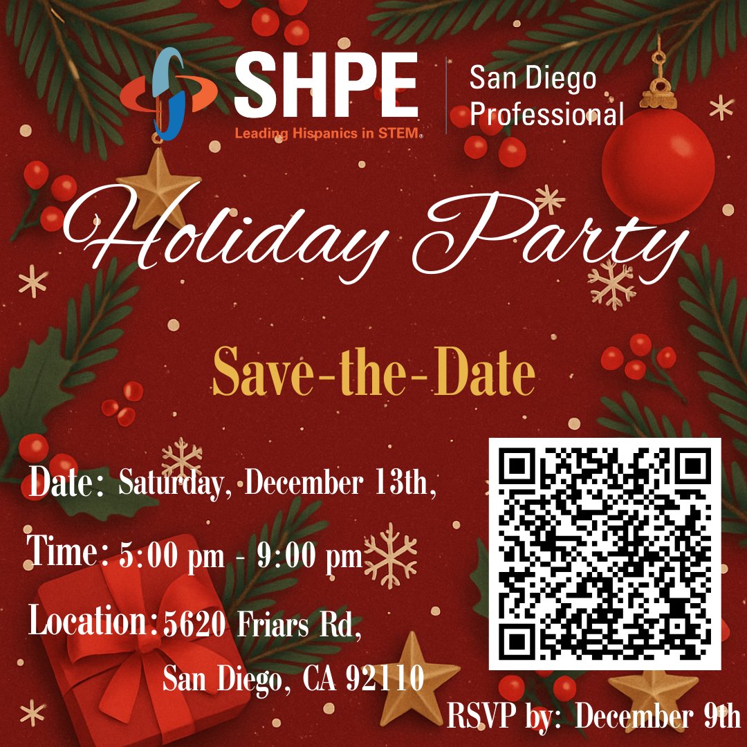 🎄✨ Come celebrate the season with the SHPE San Diego familia! ✨🎄
Join us for an evening of great company, festive treats, and holiday fun 🎉
📅 Saturday, December 13
lnkd.in/g4ZVJnUc