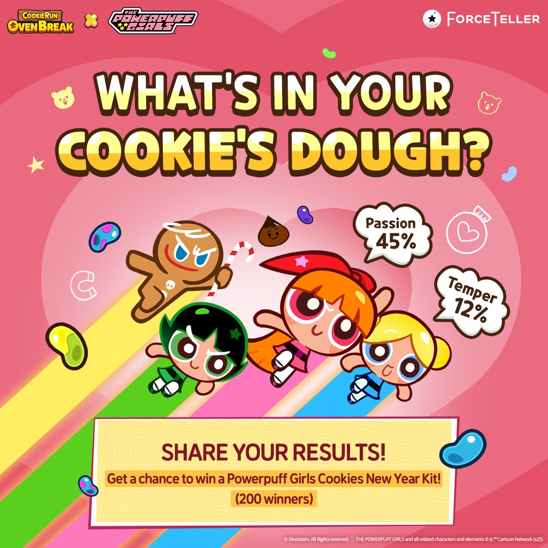 CookieRun's tweet image. 🍪 What kind of Cookie are you?
Who knows, you might be made up of 100% pure passion!⚡
⠀
🎂 Analyze your Cookie Dough with your birthday
and find out which of the Powerpuff Girls Cookies you&apos;re most like! 💫
⠀
Share your Ingredients on social media for a chance to get
✨…