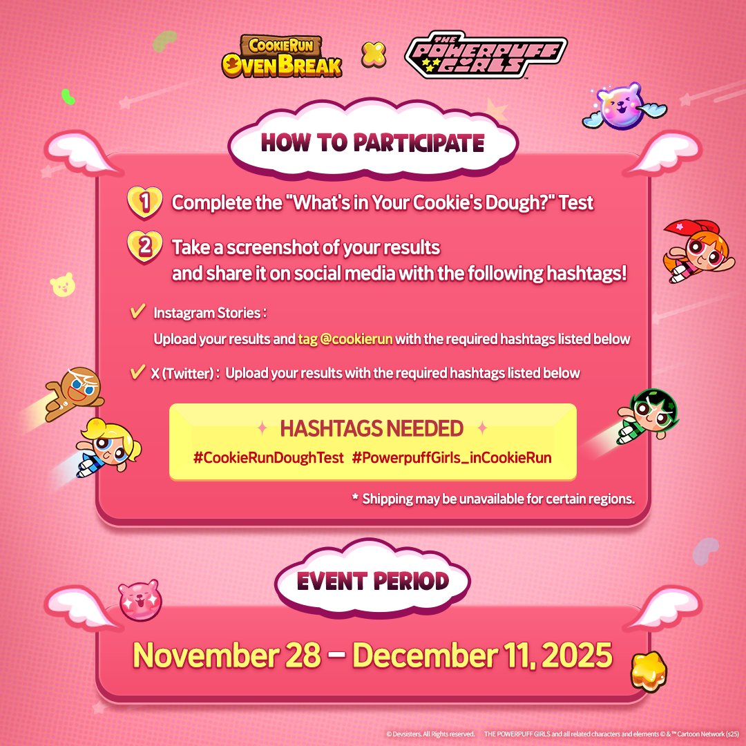 CookieRun's tweet image. 🍪 What kind of Cookie are you?
Who knows, you might be made up of 100% pure passion!⚡
⠀
🎂 Analyze your Cookie Dough with your birthday
and find out which of the Powerpuff Girls Cookies you&apos;re most like! 💫
⠀
Share your Ingredients on social media for a chance to get
✨…