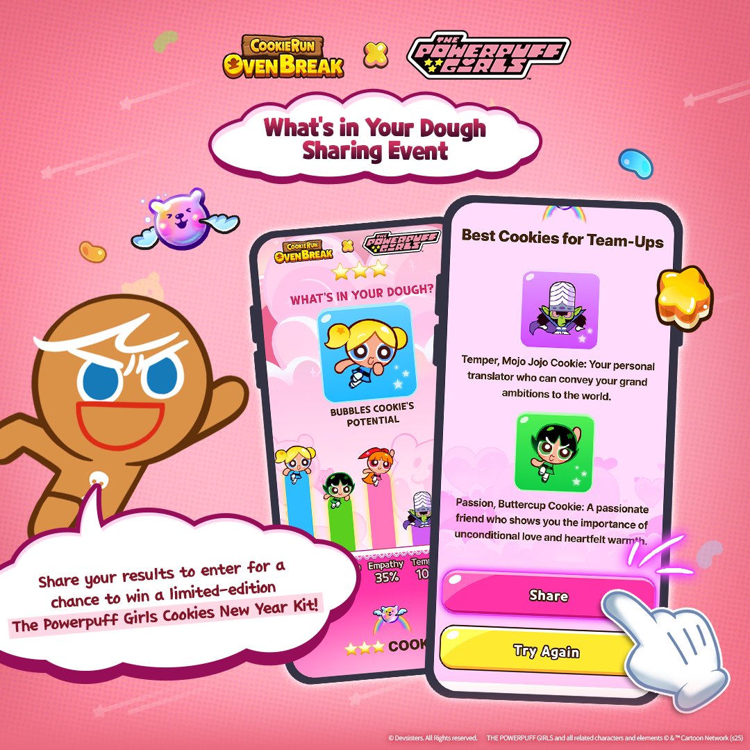 CookieRun's tweet image. 🍪 What kind of Cookie are you?
Who knows, you might be made up of 100% pure passion!⚡
⠀
🎂 Analyze your Cookie Dough with your birthday
and find out which of the Powerpuff Girls Cookies you&apos;re most like! 💫
⠀
Share your Ingredients on social media for a chance to get
✨…