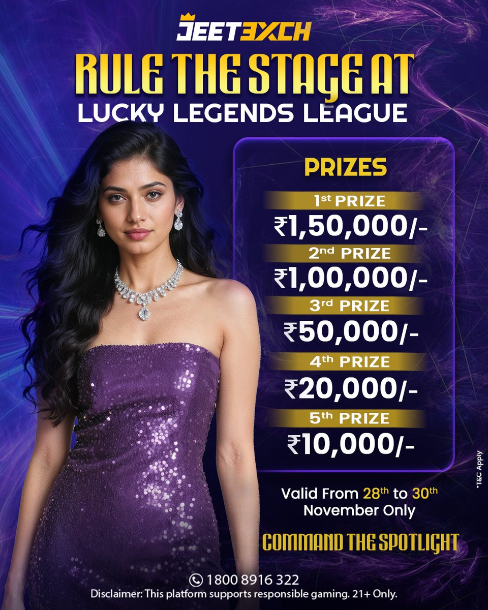 jeetexch's tweet image. Rule the Stage At &quot;Lucky Legends League&quot;

🔥 1st Prize - ₹1,50,000
🔥 2nd Prize - ₹1,00,000
🔥 3rd Prize - ₹50,000
🔥 4th Prize - ₹20,000
🔥 5th Prize - ₹10,000

📅 Valid from 28th November - 30th November! Don’t miss your chance! 🚀

#JeetExch #casino #casinogames