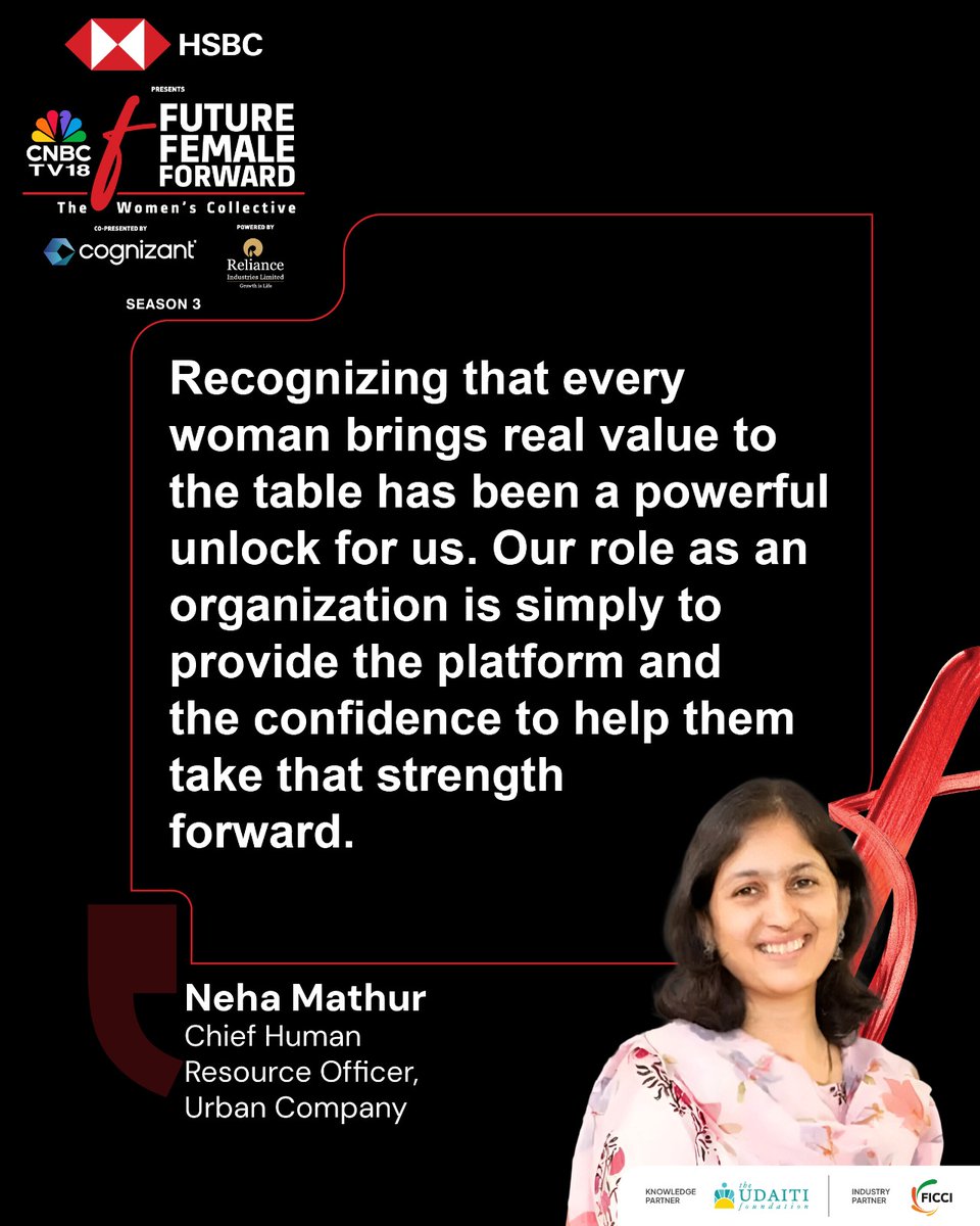 CNBCTV18News's tweet photo. Neha Mathur (Urban Company) at CNBC-TV18 Future Female Forward with her perspective on parity - the strongest avenue to unlock growth!
#FutureFemaleForward #FFF #PathToPeak #FutureIsHers #StateChapter #NewDelhi #Delhi #CNBCTV18
@HSBC_IN | @Cognizant | @official_udaiti | @ficci_india