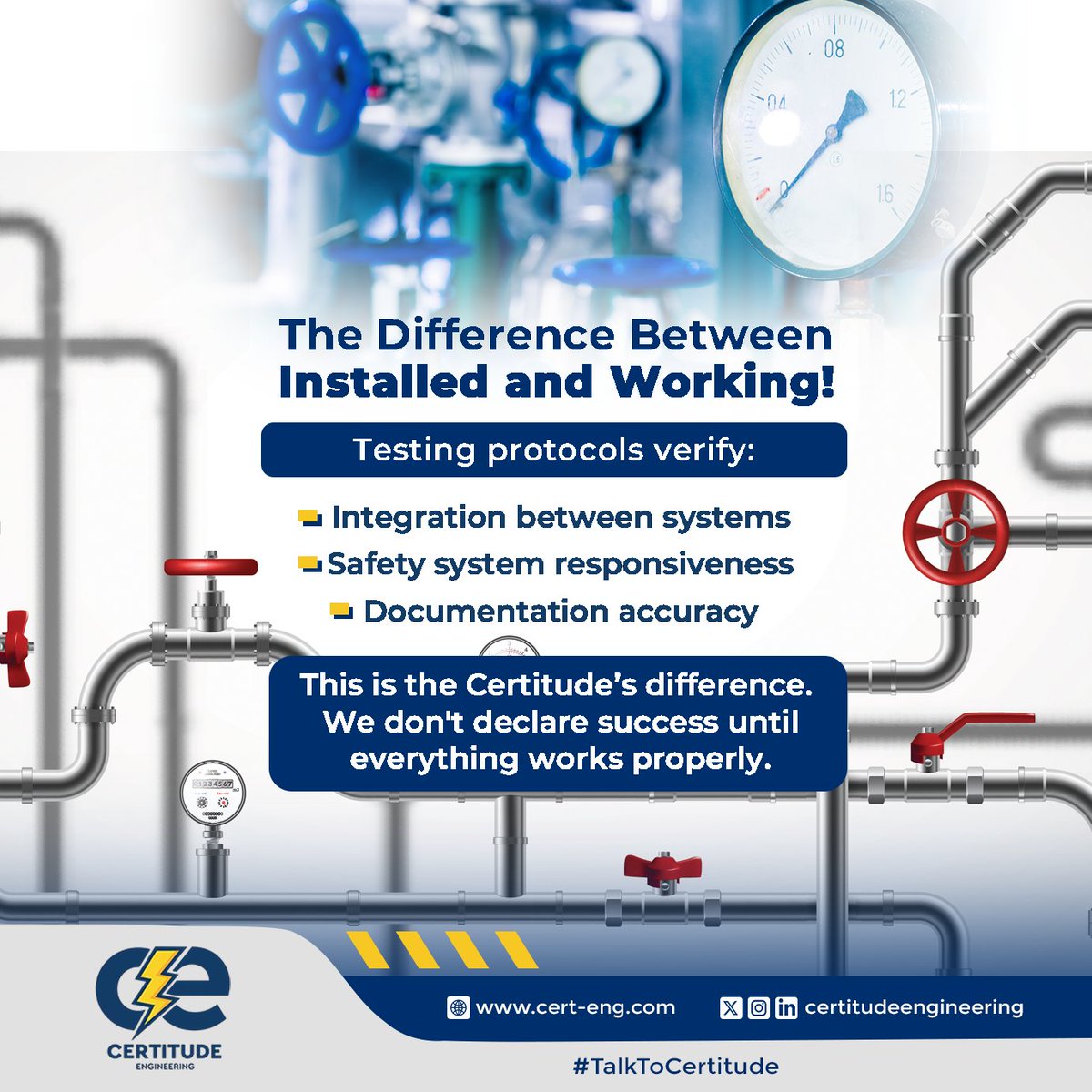 CertitudeEng's tweet image. &quot;It&apos;s installed&quot; and &quot;it works correctly&quot; are entirely different statements. We test every system thoroughly because your facility&apos;s performance depends on engineering, not optimism.

#TalkToCertitude #SystemTesting #MEPengineering