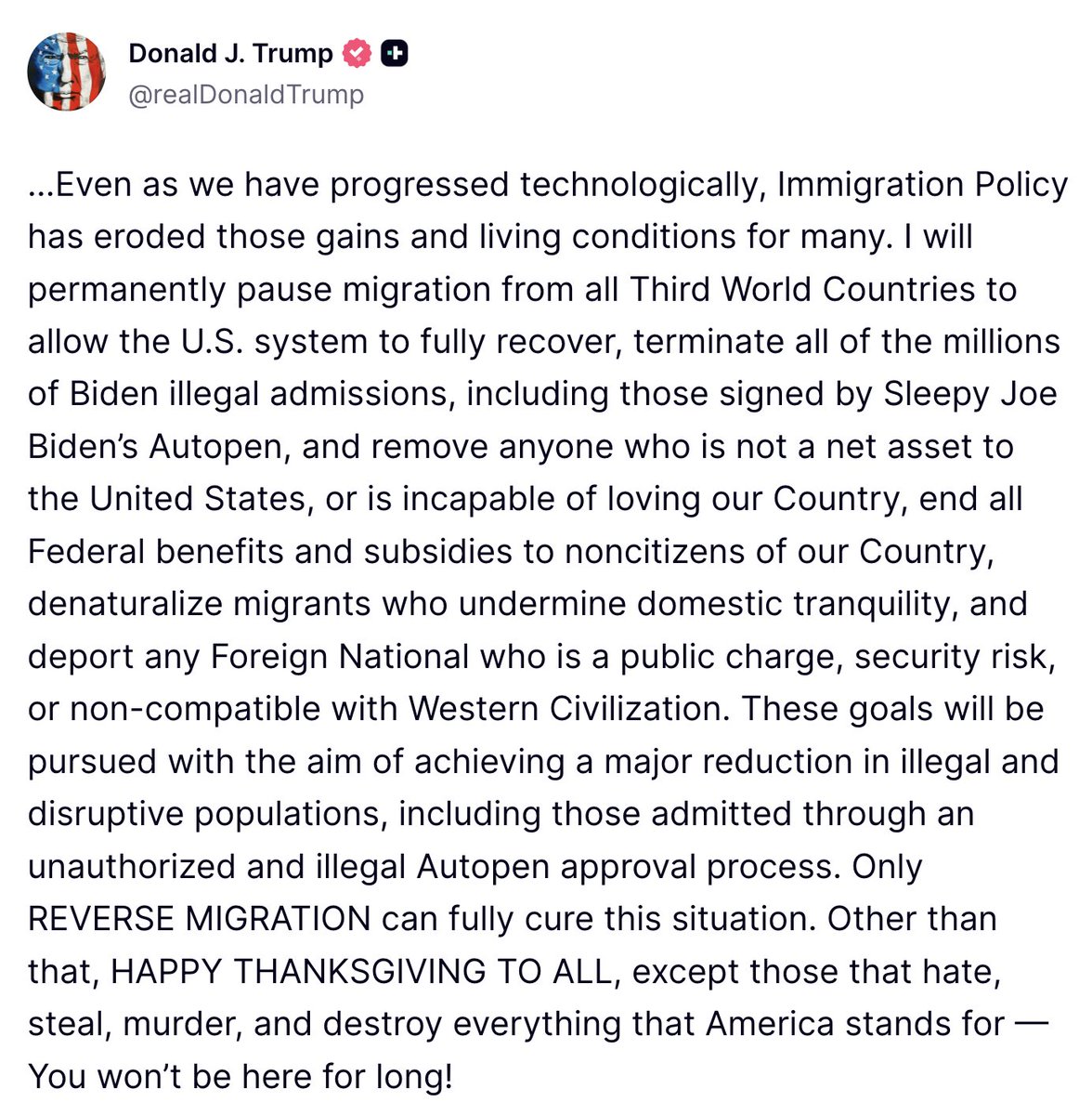 🚨TRUMP: "I will permanently pause migration from all Third World Countries"