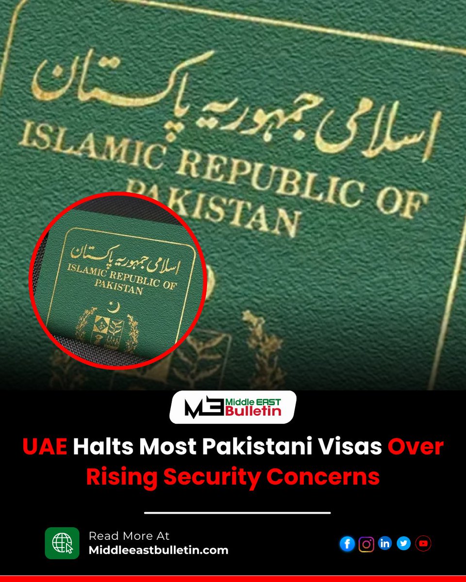 Midleeastbull18's tweet image. UAE suspends most new visas for Pakistani citizens, citing security and crime concerns, as officials warn the move could evolve into a broader ban if issues persist.

Read more: middleeastbulletin.com/uae-suspends-v…

#SecurityConcerns #Dubai #SaudiArabia #Expats #MiddleEastBulletin