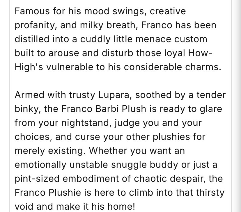 THE DESCRIPTION FOR THE FRANCO PLUSH HAS ME IN TEARS 😭😭😭