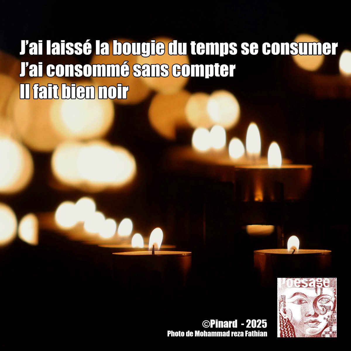 poesage_27's tweet image. J’ai laissé la bougie du temps se consumer
J’ai consommé sans compter
Il fait bien noir 

©Pinard  - 2025 
Photo de Mohammad reza Fathian

#bougie #feu #flamme #temps #consumer #consommer #compter #noir #eteindre
#poet #poeme #poem #poesie #poetry #poesieengagee