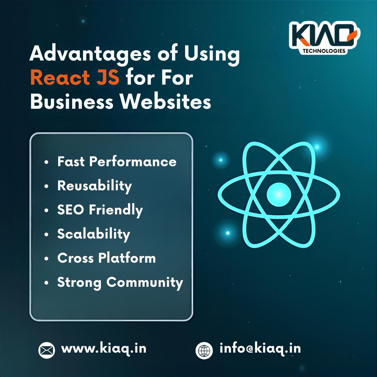 kiaqtechnologie's tweet image. Build faster, scalable and SEO-ready business websites with React JS.
Deliver smooth performance, better user experience and future-proof web solutions.

#ReactJSDevelopment
#WebDevelopmentCompany
#BusinessWebsite
#FrontendDevelopment