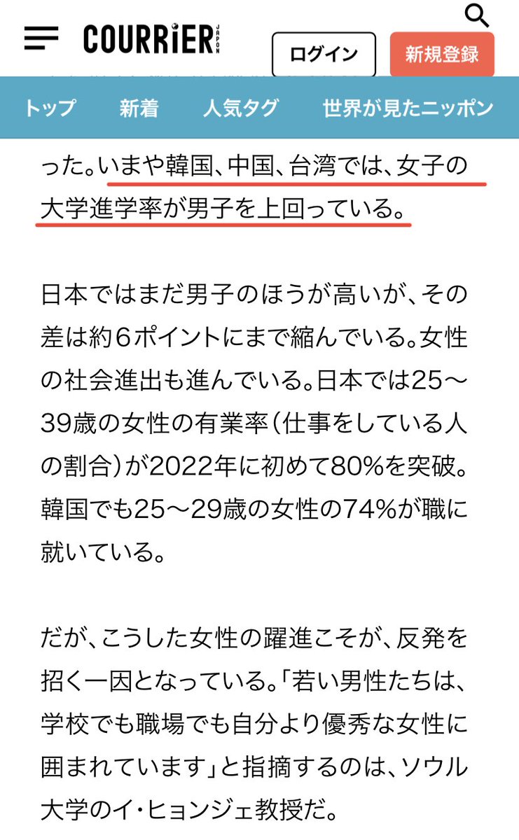 noginoggi's tweet image. 世界的に見て頭が良いのは女性
中国韓国台湾ではすでに女性の進学率の方が上回っており、アメリカでも女性の大卒者の方が多い
日本の著名大学の男女比はどこも世界平均から逸脱した偏り具合だけど、男尊女卑がなくなれば女子が逆転する