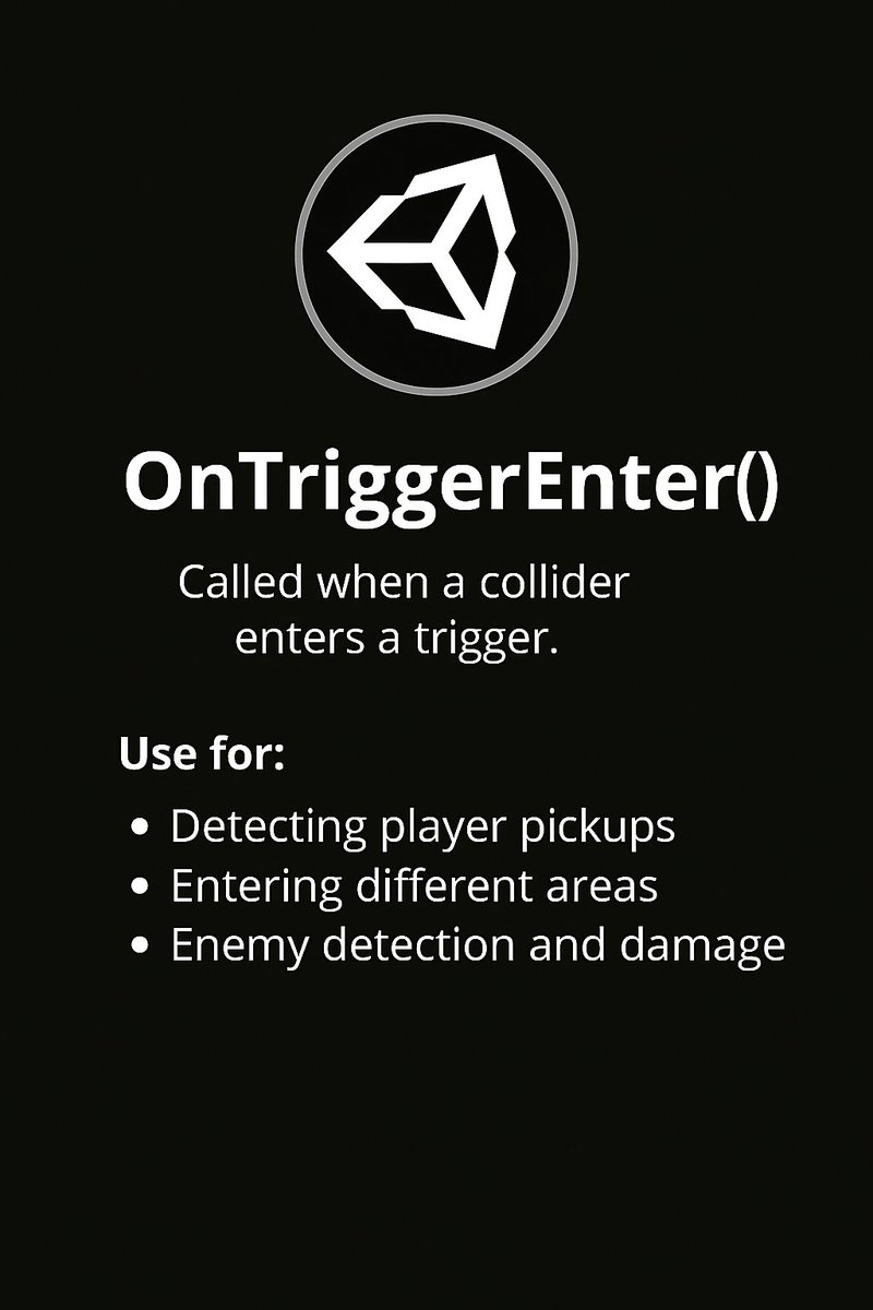 ✅ Today’s Unity tip 👉 OnTriggerEnter()

OnTriggerEnter() runs when two colliders overlap and at least one of them is set as a Trigger.
Perfect for interactions that don’t require physical collisions.

Use for:
✔ Pickups &amp; collectibles
✔ Entering zones &amp; checkpoints
✔