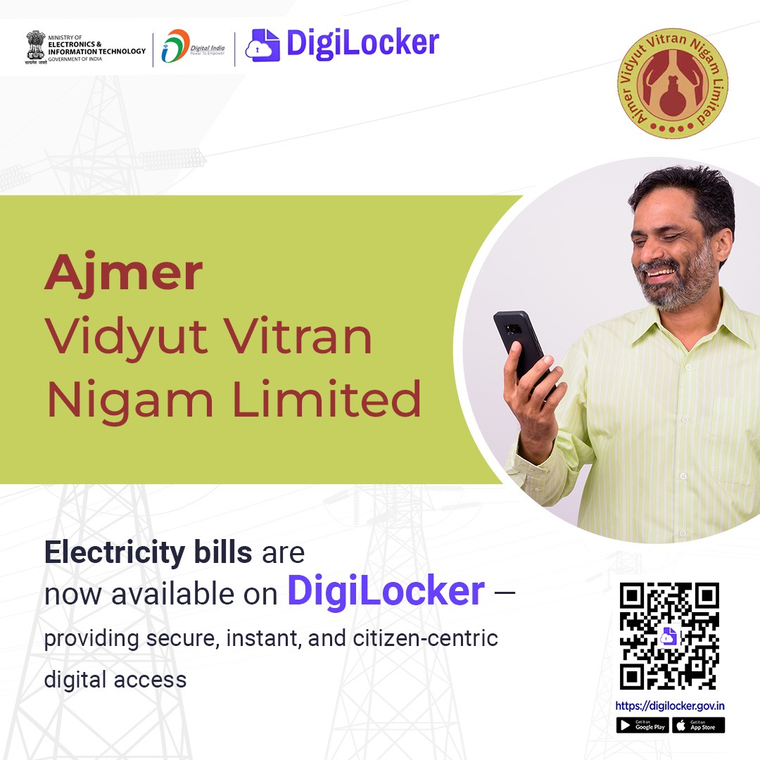 digilocker_ind's tweet image. Good News for Ajmer Vidyut Vitran Nigam Limited (AVVNL) consumers! Your electricity bills are now accessible on DigiLocker - secure, instant, and completely paperless. 
#digitalindia #DigiLocker #ajmer #vidyut #rajasthan