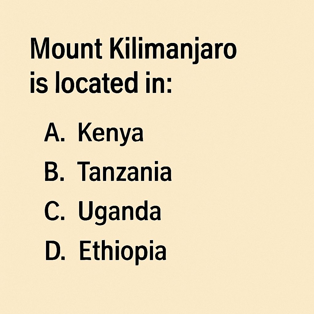 cematerial's tweet image. General Knowledge🔔🔔🔔:

Mount Kilimanjaro is located in:

#Generalknowledge #UPSC #SSC #RRB #CompetitiveExams #BPSC #UPSCPrelims2026