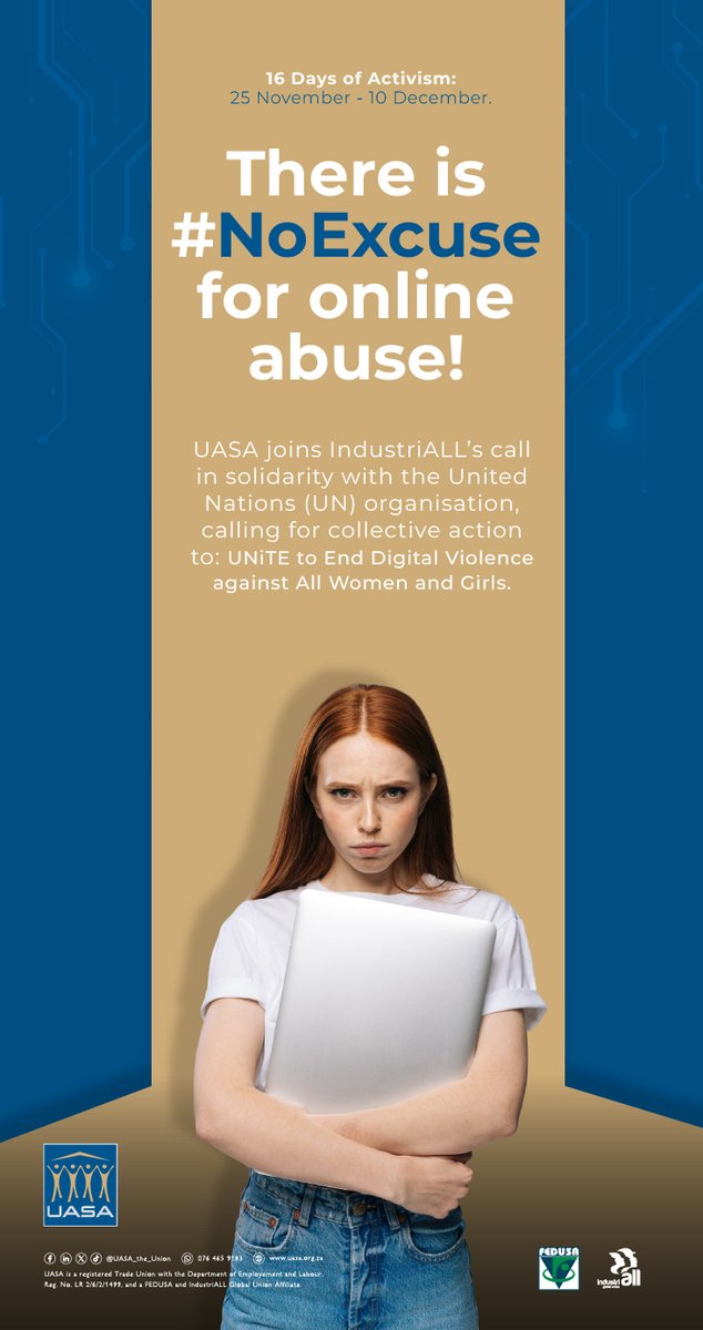 UASA_the_Union's tweet image. There is #NoExcuse for Gender Based Violence and Harassment.

Let&apos;s all &apos;UNiTE to end violence against women and girls.

#16DaysofActivism #ProtectSociety