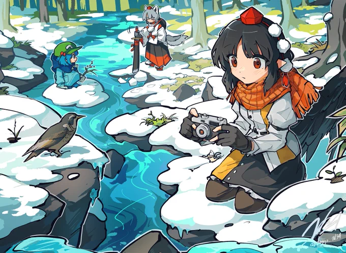 京都合同から頒布が開始された「文々。新聞友の会カレンダー」にて、3月のイラストを制作させていただきました まだまだ雪が多く残る山奥で、春の兆しを感じられる風景を描いてみました 冬コミ等のイベントや書店でも取り扱いがあるそうなので、ぜひゲットしてね #東方Project #京都合同