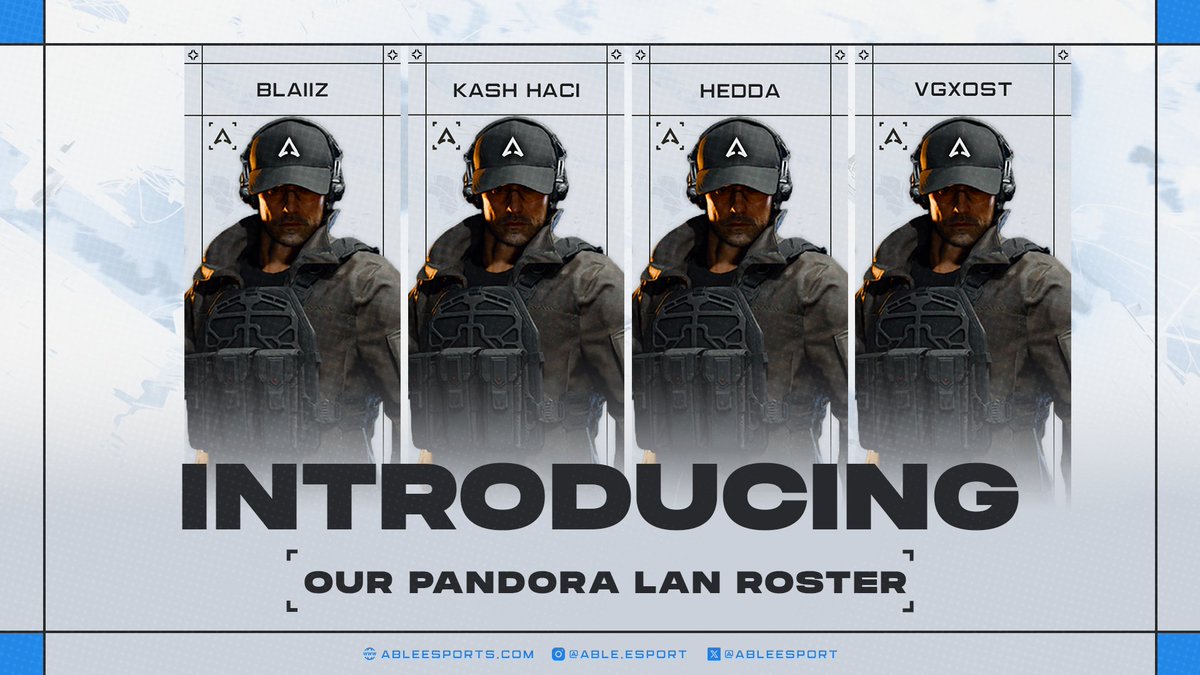 AbleEsport's tweet image. 📣 #PANDORA LAN 2025 ROSTER ANNOUNCEMENT
We’re excited to confirm our lineup for the upcoming Call of Duty: Black Ops 7 Pandora LAN in Krefeld.
Our roster:
• @BlaiiZcod
• @vGxost
• @HeDDa1OO
• @KashHaci

Staff:
• @Aqzyy will accompany the team on-site.
📍 TakeTV Bar, Krefeld…