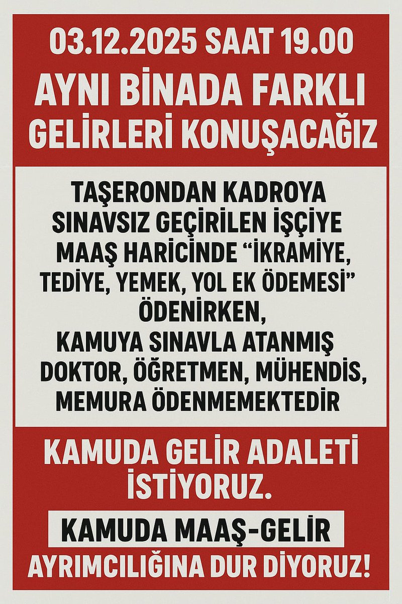Kamuda Memur, senelerce okumuş, birçok sınavla gelmiş, kamunun asıl işlerini yürütüyor maaşı 50-55.000₺

Kamu işçisi, bir şekilde (!) taşerona girmiş ordan kadro almış, yardımcı hizmeti Temizlik, Güvenlik işini yapıyor. Maaş+İkramiye+Tediye +Yol + Yemek aylık 75.000₺

Adalet?