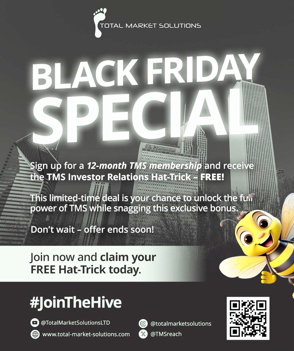 TMSreach's tweet image. 🐝 BLACK FRIDAY SPECIAL! 🖤

Sign up for a 12-month TMS membership and get the TMS Investor Relations Hat-Trick — 🆓

🎯 Feature Articles
🎯 Company Fact Sheet
🎯 Social Media Spotlight

A huge boost to your IR… at no extra cost.
Limited time only — don’t miss it.

#BlackFriday