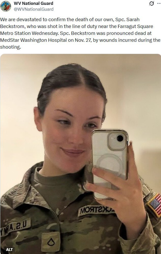 karma2moksha's tweet image. National guard member 20 yo Sarah Beckstrom has died after shooting in Washington DC
The other member, Andrew Wolfe, 24, is still fighting for his life