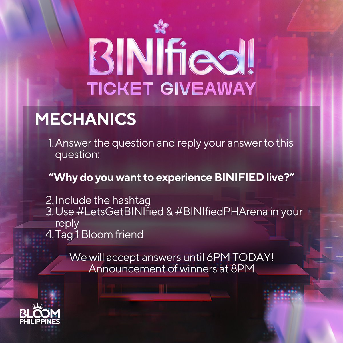 TEAMBLOOMPH's tweet image. We’re giving away 25 UBB tickets to the BINIFIED experience! 🌸✨ We will choose the best answers! 

Bloom, don’t miss your chance! Check out the mechanics below!

#BINIfiedPHArena #BINI
#LetsGetBINIfied @BINI_ph