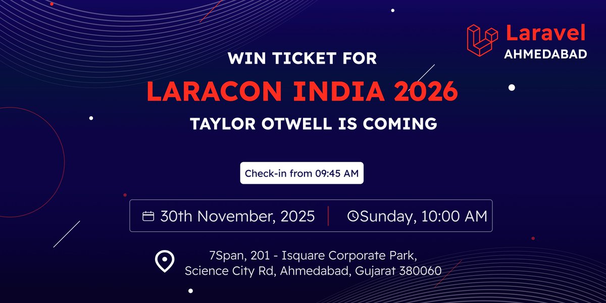 LaravelAhm's tweet image. 🎁 Laravel Devs Giveaway!

Attend Meetup this Sunday and get chance to win a Laracon India 2026 ticket 🚀🇮🇳

Special year: @taylorotwell joins @LaraconIN 🔥

Show up. Engage. Win. 💛

Link : allevents.in/ahmedabad/lara…

#LaravelCommunity #LaraconGiveaway #AhmedabadDevCommunity