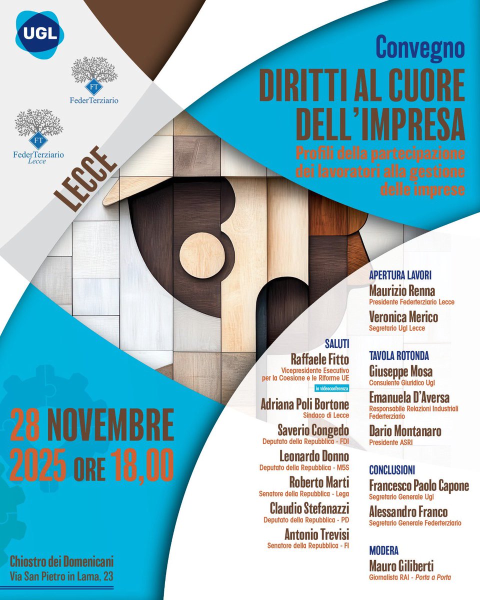 🗓️ Alle 18:00 a #Lecce parleremo di #partecipazione dei #lavoratori e #imprese.

🇮🇹 #Italia #UGL <a href="/UGLConf/">UGL Confederazione</a>