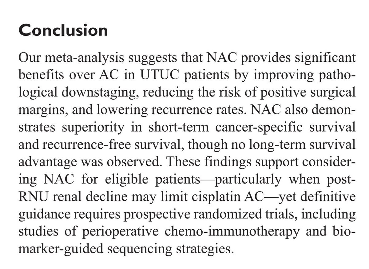 📢 NEW STUDY ALERT
Our systematic review + meta-analysis comparing Neoadjuvant (NAC) vs Adjuvant Chemotherapy (AC) in UTUC is now published!🔥

💡 Key Findings:

• NAC significantly improves pathological downstaging — Odds Ratio: 5.99 (95% CI 3.51–10.21)
• NAC lowers risk of