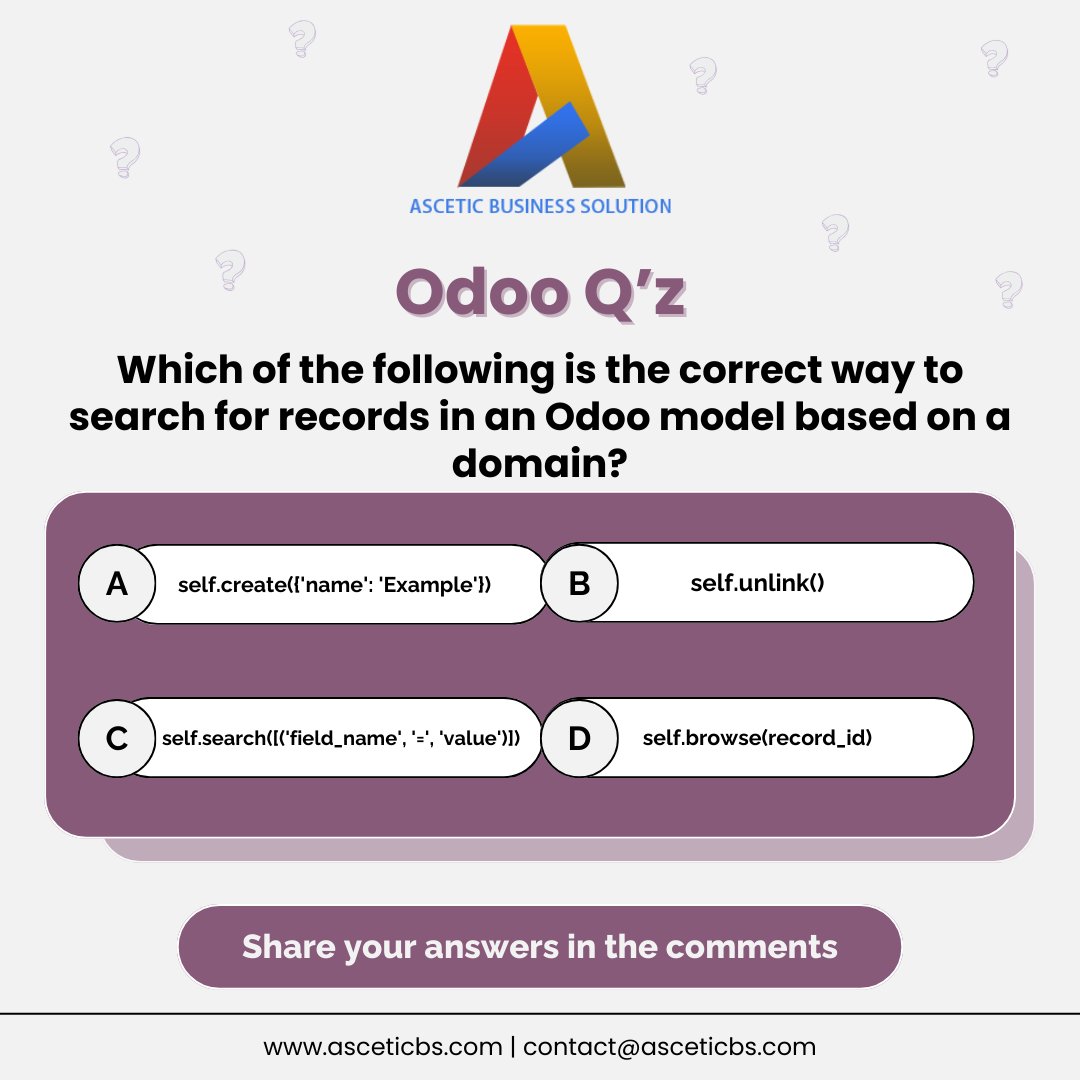 AsceticBs's tweet image. Every week, we bring you a quick quiz to sharpen your Odoo skills.

👇 Drop your answers in the comments - we will address the question with a proper explanation after a week!

#OdooQuiz #LearnWithAscetic #OdooDeveloper #ERPTrivia #AsceticBusinessSolution #OdooQuiz
