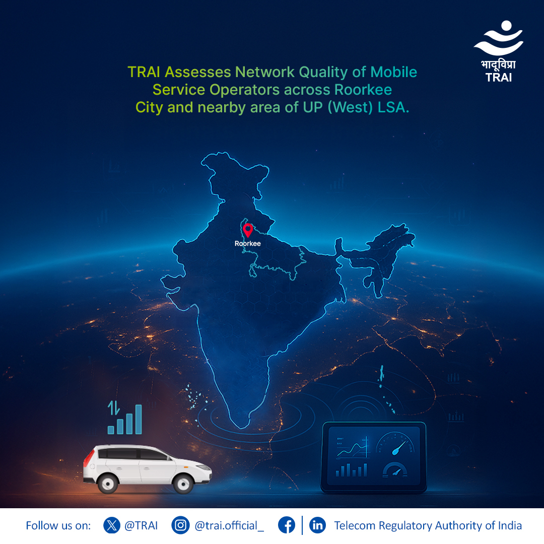 TRAI's tweet photo. #TRAI assessed mobile #networkquality in Roorkee & nearby UP (West), covering 152.8 km of roads & 2 km of walk routes. Most telecom providers showed 95–100% call setup success; 5G hotspot downloads reached 425 Mbps.
Know more: https://t.co/uTCKaI6Imk https://t.co/LidAd673Wo