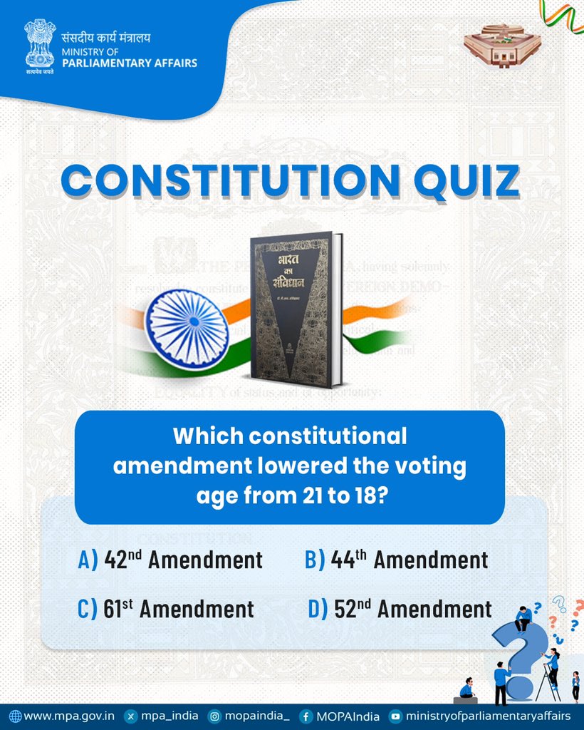 mpa_india's tweet image. How well do you know the Constitution? Take the Constitution Day Quiz and put your knowledge to the test.
Answer will be pinned in the comments.

#SamvidhanDiwas #ConstitutionDay #HamaraSamvidhanHamaraSwabhiman #SamvidhanSeSamriddhi #QuizTime