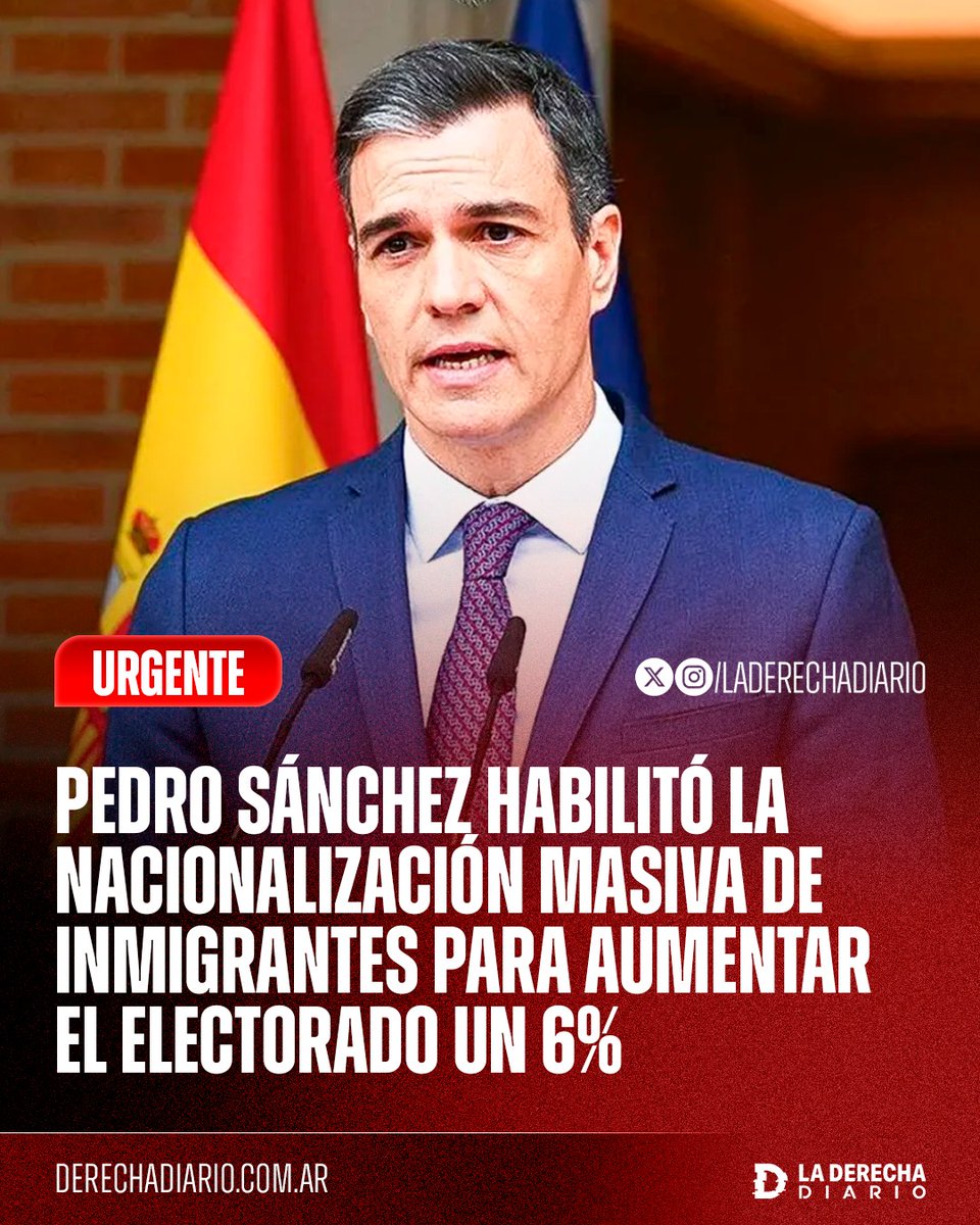 🚨🇪🇸 | El gobierno comunista de Pedro Sánchez habilitó la nacionalización masiva de más de 2 millones y medio de inmigrantes, aumentando el electorado en un 6% con el objetivo de perpetuarse en el poder.