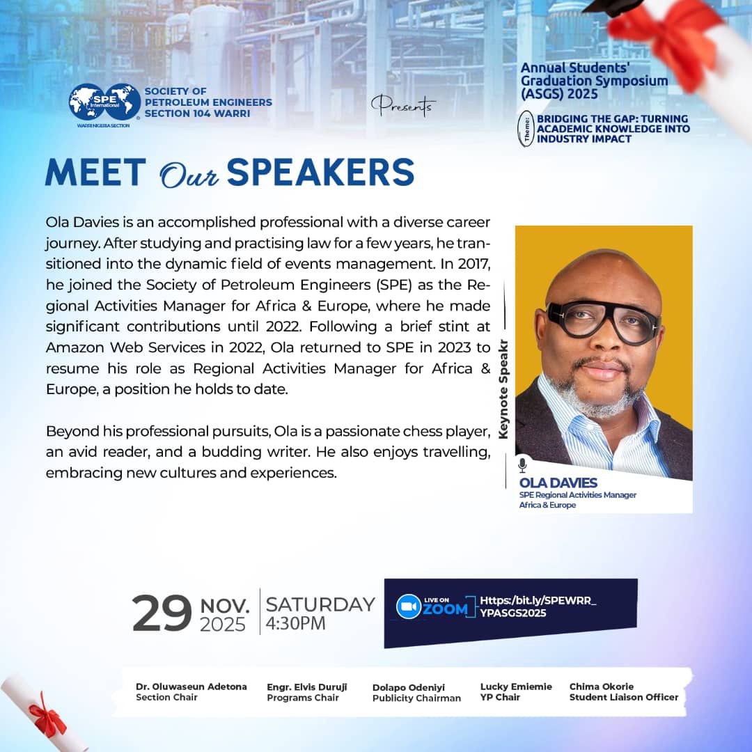 SPEWarriYPs's tweet photo. From Law to Amazon to SPE: Meet Ola Davies, Regional Activities Manager for Africa &amp; Europe! Learn how he navigated a diverse career journey to make significant contributions in the energy sector.

An SPE Veteran to the core!
*#ASGS#SPEWARRISECTION#GRADUATION* https://t.co/ykswzbtdGd