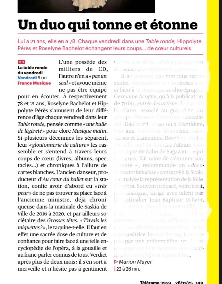 Bienvenue à La Table Ronde du vendredi <a href="/francemusique/">France Musique</a> avec <a href="/R_Bachelot/">Roselyne Bachelot</a> &amp; <a href="/hippoperes/">Hippolyte Pérès</a> autour de <a href="/jburbain/">Jean-Baptiste Urbain</a> 🤗 ☕️📻 radiofrance.fr/francemusique/…
