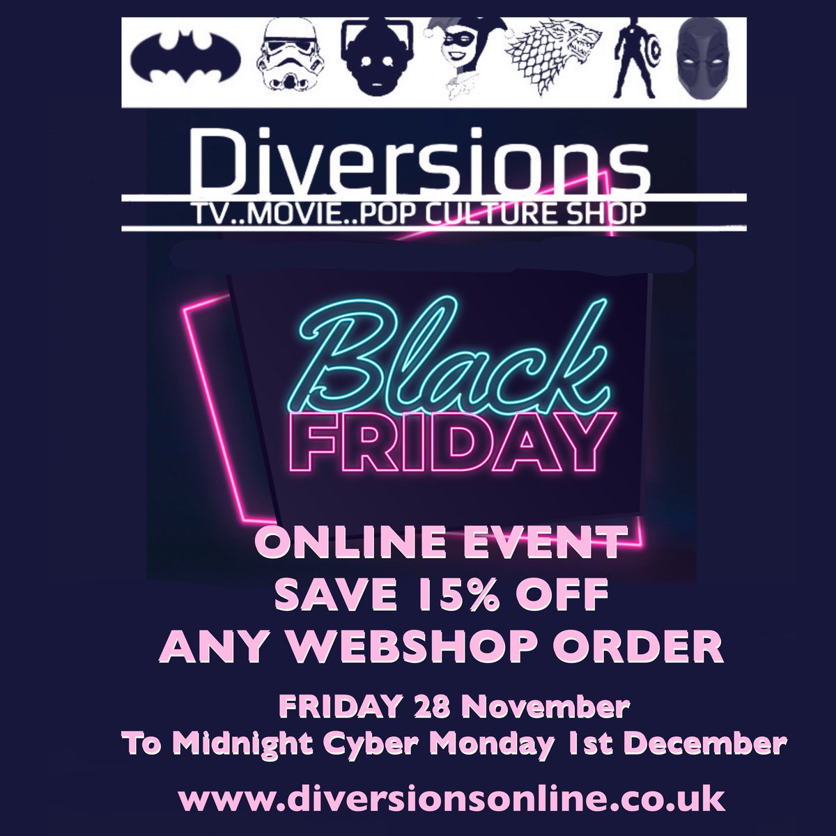 Morning all our website has a 15% off any purchase event running automatically discounted at checkout no codes needed 
That one runs till midnight Monday diversionsonline.co.uk