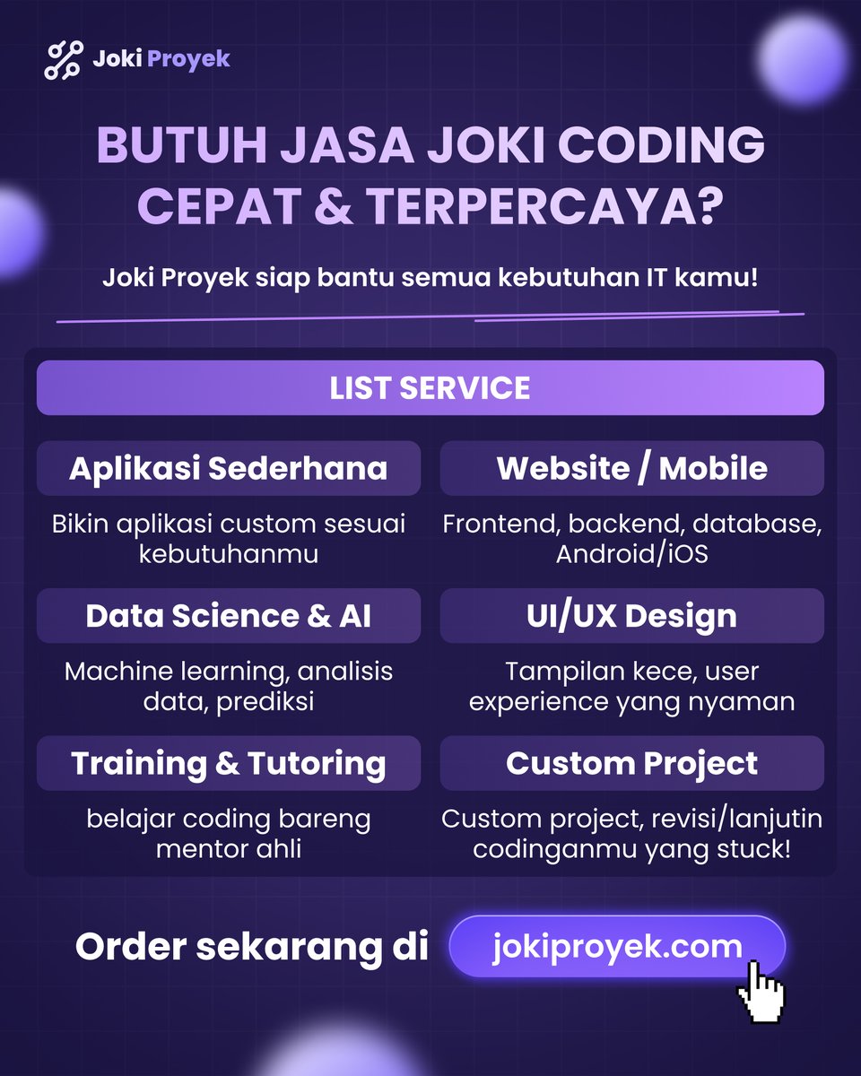 jokiproyek's tweet image. Hello, met siang ol 😍
Mau jasa coding yang cepet + murmer?
Yuk baca dulu kita bisa apa aja😚 

Kita bisa joki IT mulai dari aplikasi, web, mobile, data, dll menyesuaikan mau customer heheee🥰

#zonauang #jasamurah #jasacoding #informatika #codinglife