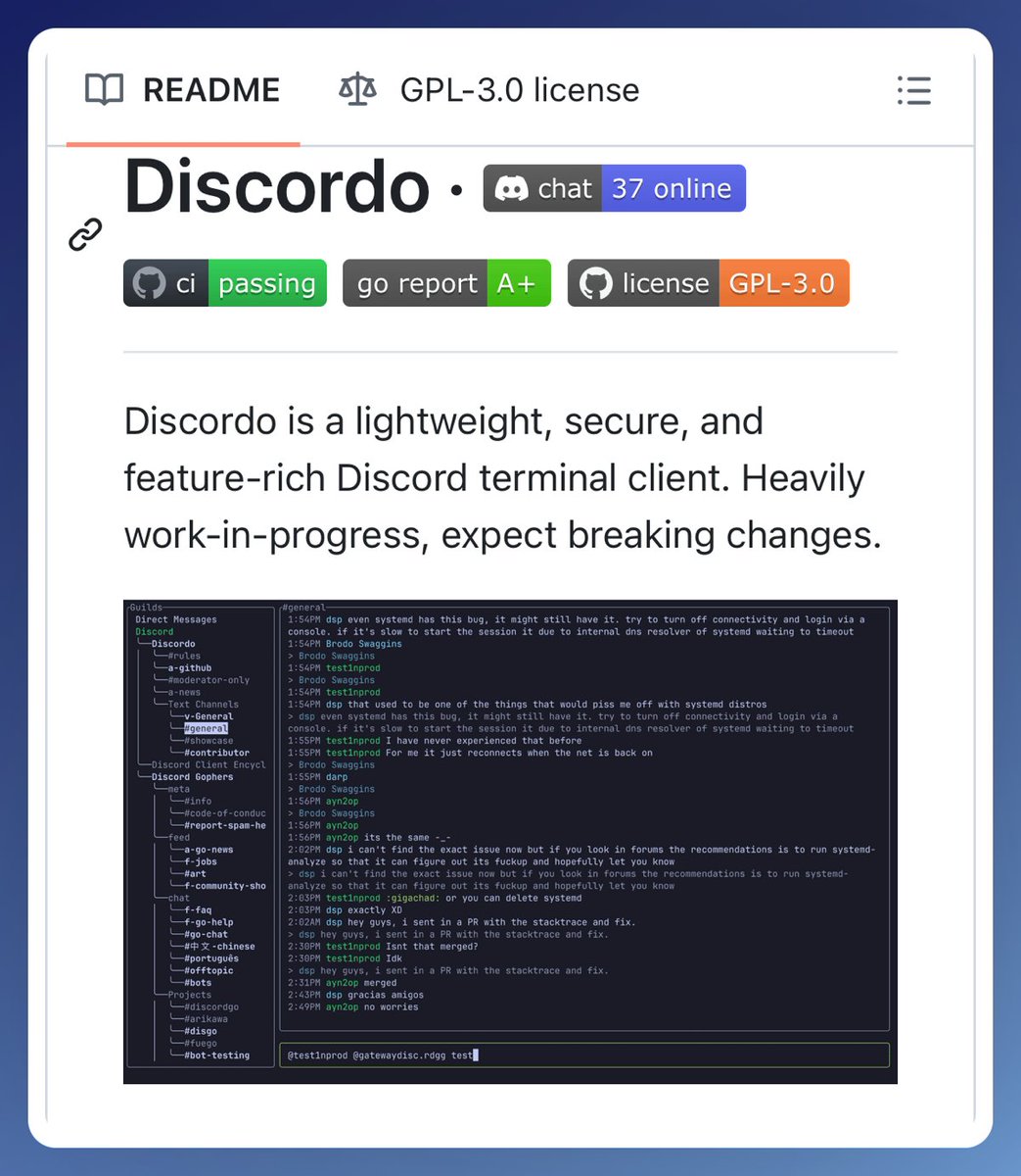 GithubProjects's tweet image. A lightweight, secure, and feature-rich Discord terminal (TUI) client.