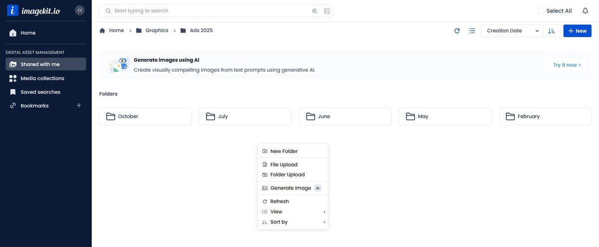 ImagekitIo's tweet image. You can now right-click anywhere in your ImageKit dashboard to instantly create folders, upload files, or generate images with AI, all without breaking your flow. 🎯 

It’s already live. Give it a try.