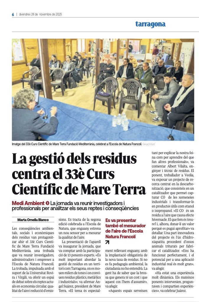 Hoy en la prensa de papel, la noticia del curso científico de Mare Terra sobre los residuos.