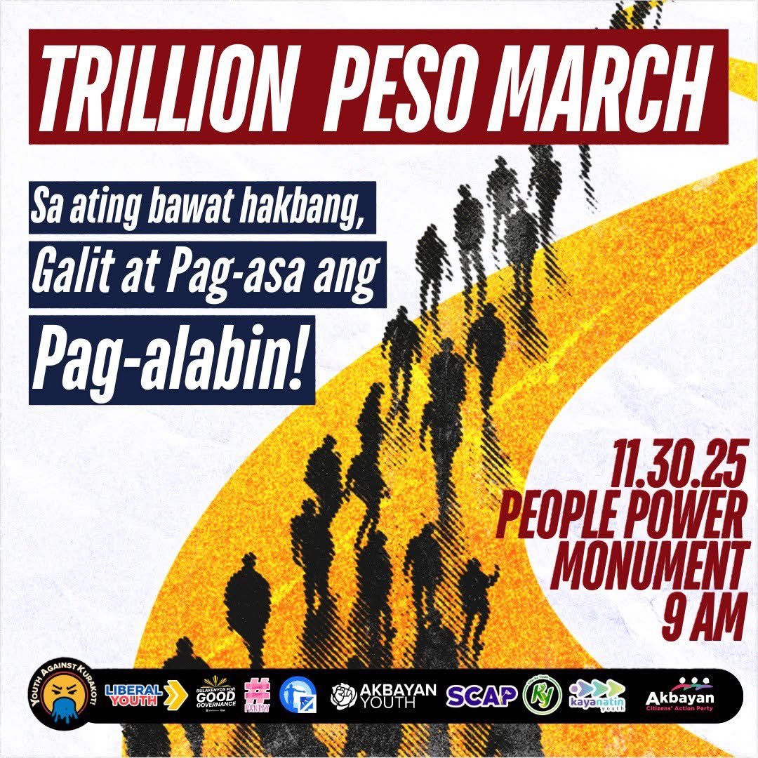 upalyansa's tweet image. 𝗔𝗡𝗚 𝗦𝗜𝗚𝗔𝗪 𝗡𝗚 𝗘𝗗𝗦𝗔: 𝗜𝗞𝗨𝗟𝗢𝗡𝗚 𝗟𝗔𝗛𝗔𝗧, 𝗠𝗚𝗔 𝗞𝗨𝗥𝗔𝗞𝗢𝗧! ✊🏻

Muli tayong magkaisa sa EDSA para sa ating pambansang pagkilos ngayong November 30, mga kapwa kabataan at estudyante ng bayan!

#YouthAgainstKurakot