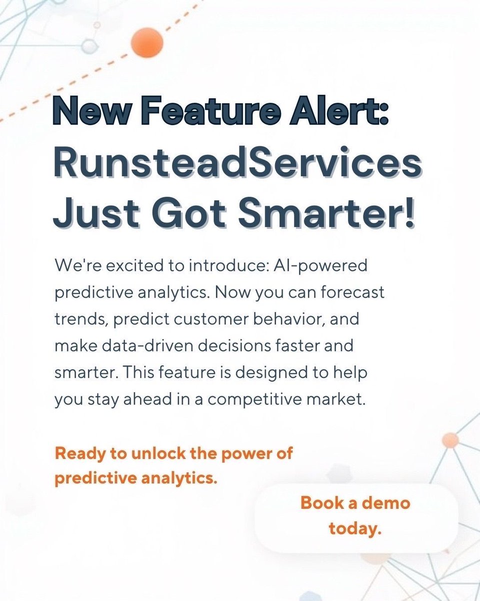 runsteadai's tweet image. Big news! RunsteadServices just got even smarter with AI-powered predictive analytics. Forecast trends, predict customer behavior, and make data-driven decisions faster than ever. Stay ahead in the market—book a demo today!

#RunsteadServices #PredictiveAnalytics #AIforBusiness