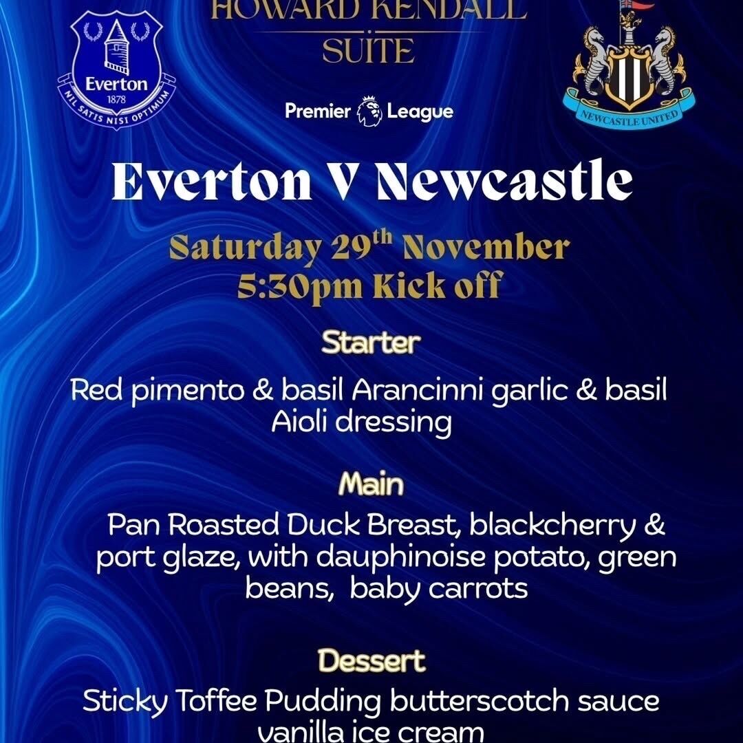 scousescene's tweet image. Join The Howard Kendall Suite this Saturday for the Everton V Newcastle game. Get your pre-match meal and drinks. Book your place now for an amazing matchday hospitality experience! #EFC ⚽️

READ MORE: tinyurl.com/mpuz97r6