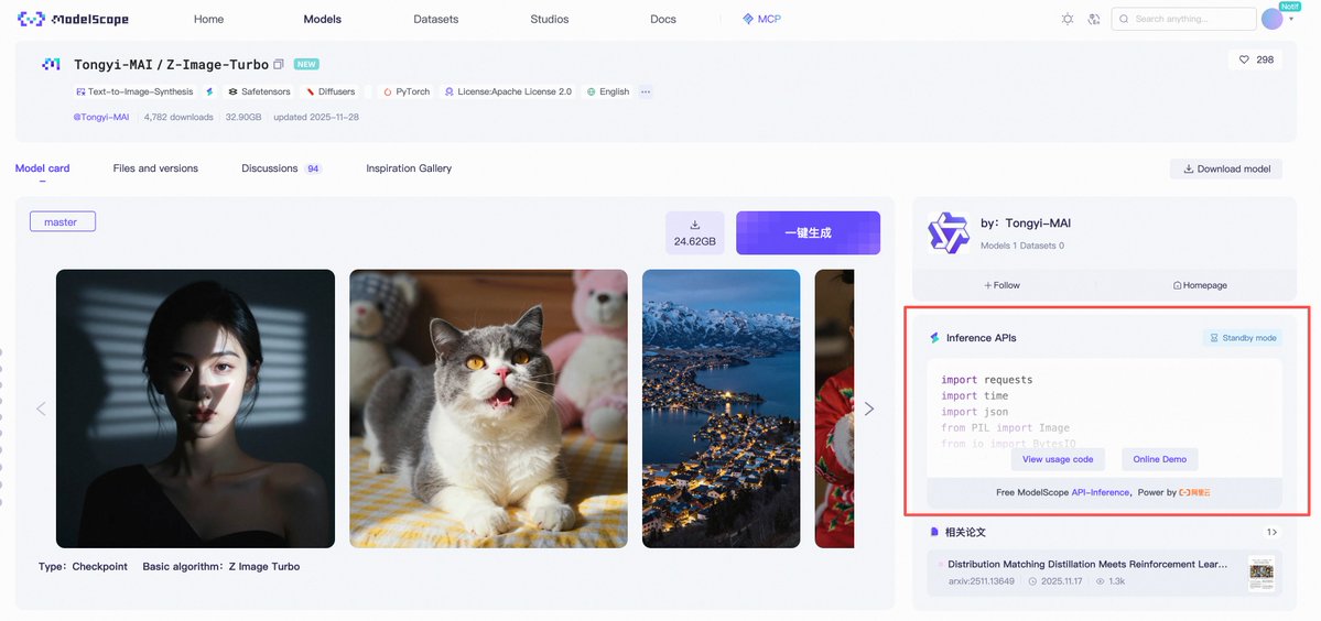 ModelScope2022's tweet image. Free Z-Image API is live! 🎉
The open-source Z-Image Turbo model is now 100% free to call via API on ModelScope🔥
AND Free compute included!!!

✨ How to use it:
1️⃣ Try it instantly:
Go to 👉modelscope.cn/aigc/imageGene…
Z-Image is the default model!
- Quick Mode: Fast results, zero…