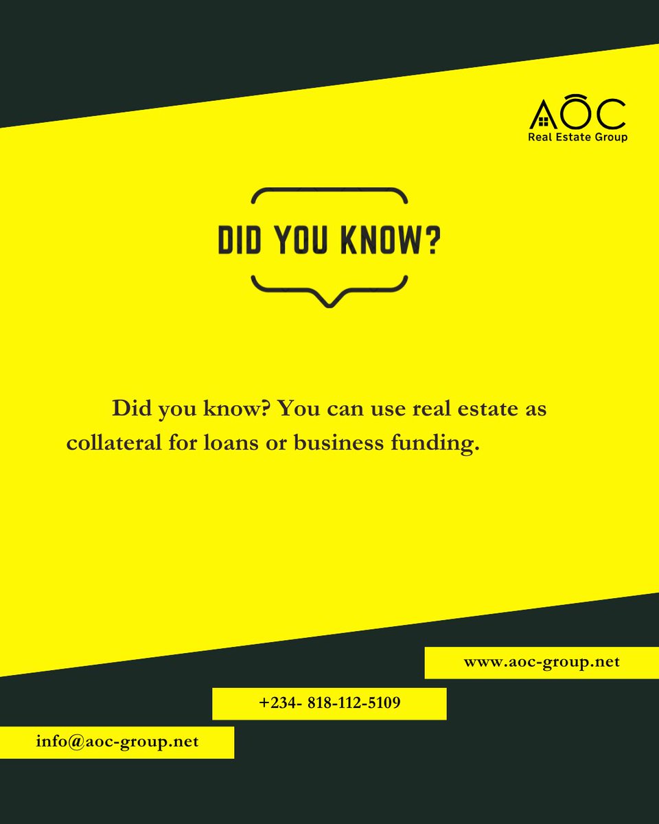 aocregroup's tweet image. Your real estate isn’t just a home or investment, it can also serve as powerful collateral for business loans or funding.
Turn your property into an opportunity! 

#RealEstateFacts #PropertyTips #RealEstateNigeria #BusinessFunding #Collateral #WealthBuilding #PropertyInvestment