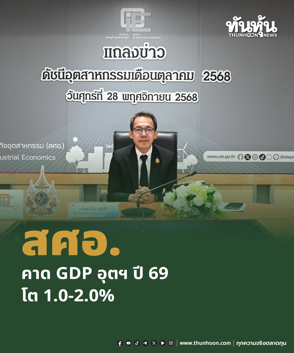 thunhoon1's tweet image. สศอ.คาด GDP อุตฯ ปี 69 โต 1.0-2.0%
อ่านเพิ่มเติม thunhoon.com/gdp281125
#ทันหุ้น #SET #MPI