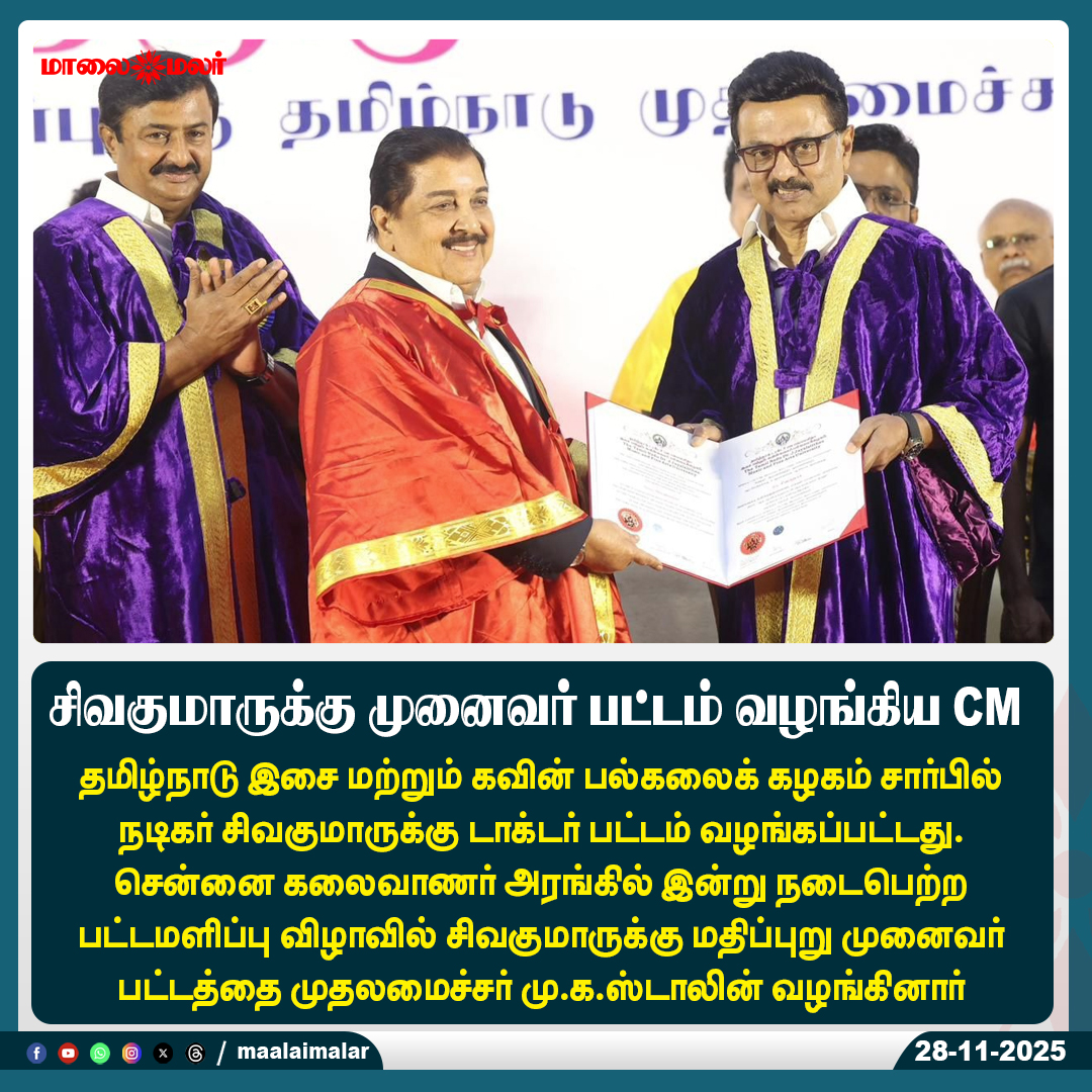 maalaimalar's tweet image. சிவகுமாருக்கு முனைவர் பட்டம் வழங்கிய CM 

#Sivakumar #HonoraryDoctorate #TamilNaduMusicAndFineArtsUniversity #DrSivakumar #CMStalin #ChennaiEvent #TamilCinema #AwardCeremony #TamilNaduNews #CelebrityHonor #Maalaimalar #MaalaimalarNews #MaalaimalarUpdates