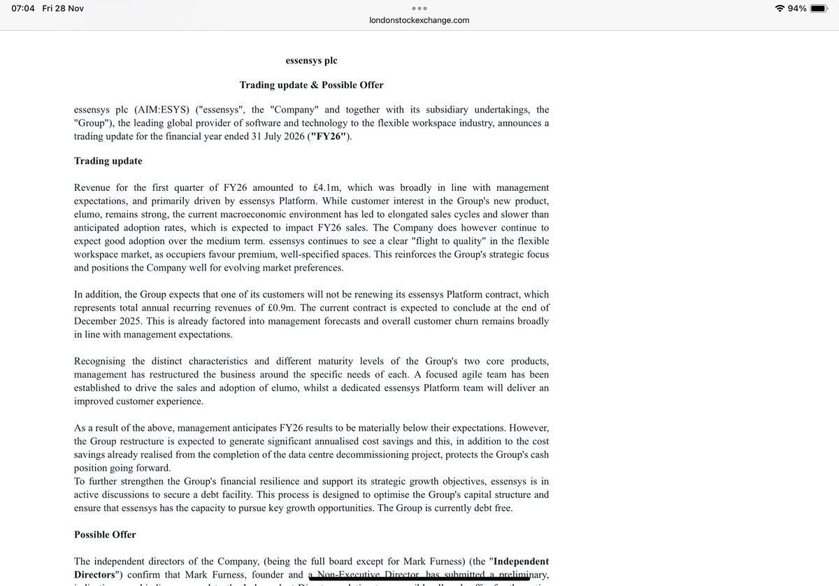 reb40's tweet image. #ESYS Another Day Another Profit Warning ⚠️ + a Possible Takeover Offer

“Materially below” ranks as my least favourite expression

But battered shareholders might get a small reprieve as founder Mark rides over the horizon with a possible 20p bid🤔

Shares closed at 15.5p
Hmm🧐