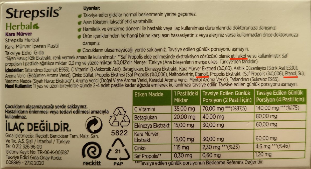 mhk_developer's tweet image. strepsils pastil içeriğinde etil alkol varmış. kutuyu açmadan önce öylesine içindekilere bakarken fark ettim.

tüketilecek her şeyin içeriğini incelemek lazım.