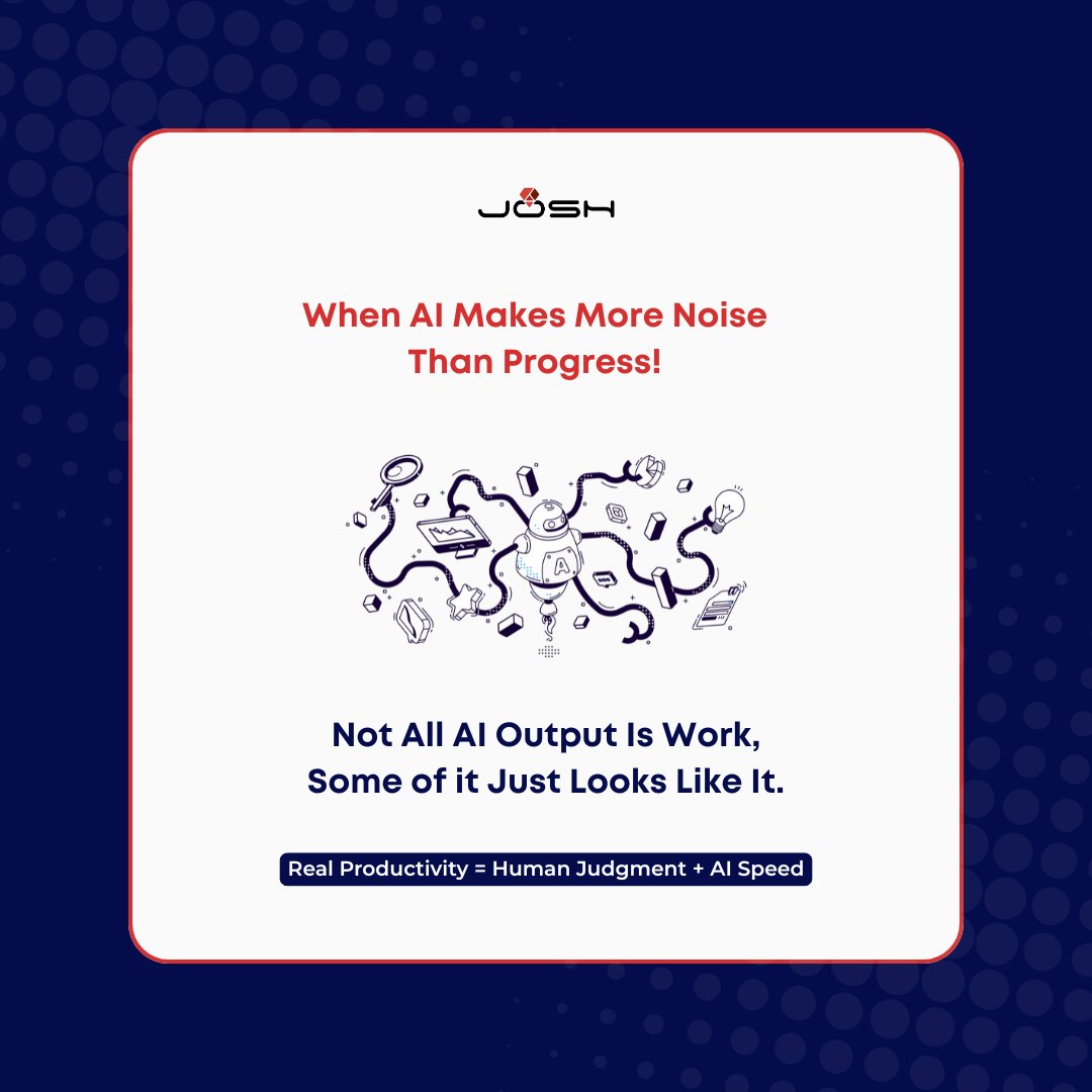 joshsoftware's tweet image. AI promised efficiency. Instead, we got workslop - shiny, useless output that floods inboxes, slides, and Slack threads faster than anyone can review it.

The problem is blind acceptance. When teams pass along generated answers without questioning, validating, or refining them,…