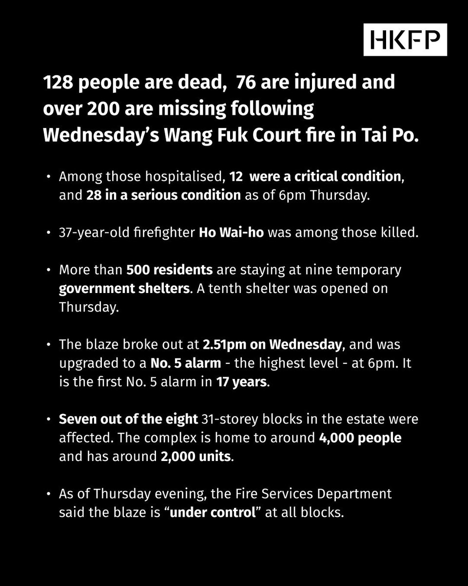 hkfp's tweet image. 1/ JUST IN: The security chief Chris Tang has said that the death toll in the Tai Po fire has risen to 128. In full: hongkongfp.com/wang-fuk-court…